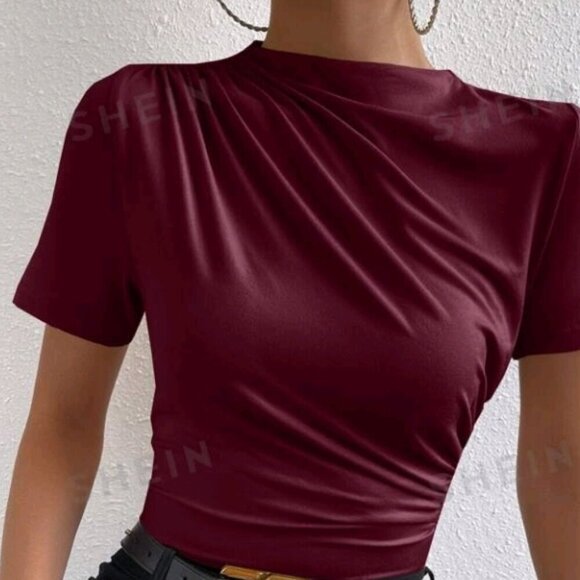 SHEIN Prive` Ruched Mock Neck Tee - Picture 7 of 7